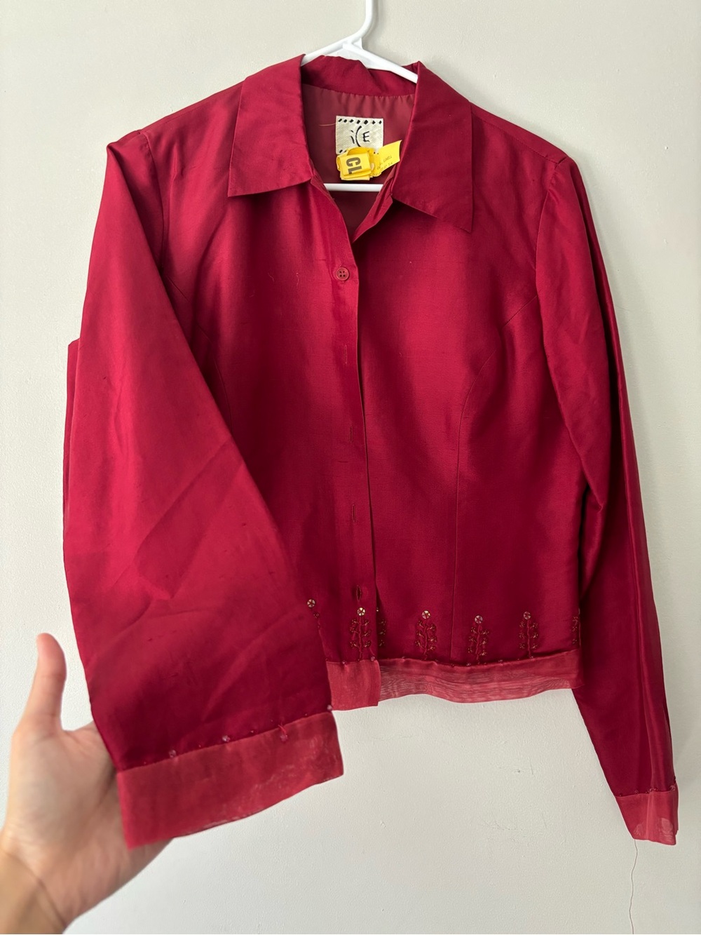 Vintage Red Cottagecore Silk Embroidered Floral Beaded Fairy Button Down Medium